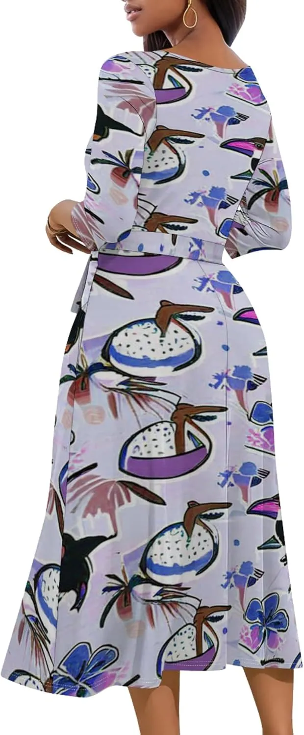 Women 2024 Autumn Casual Dresses 3/4 Sleeve Wrap Sundress Summer Club Party Floral Print Sexy Swing Midi Dress with Pockets
