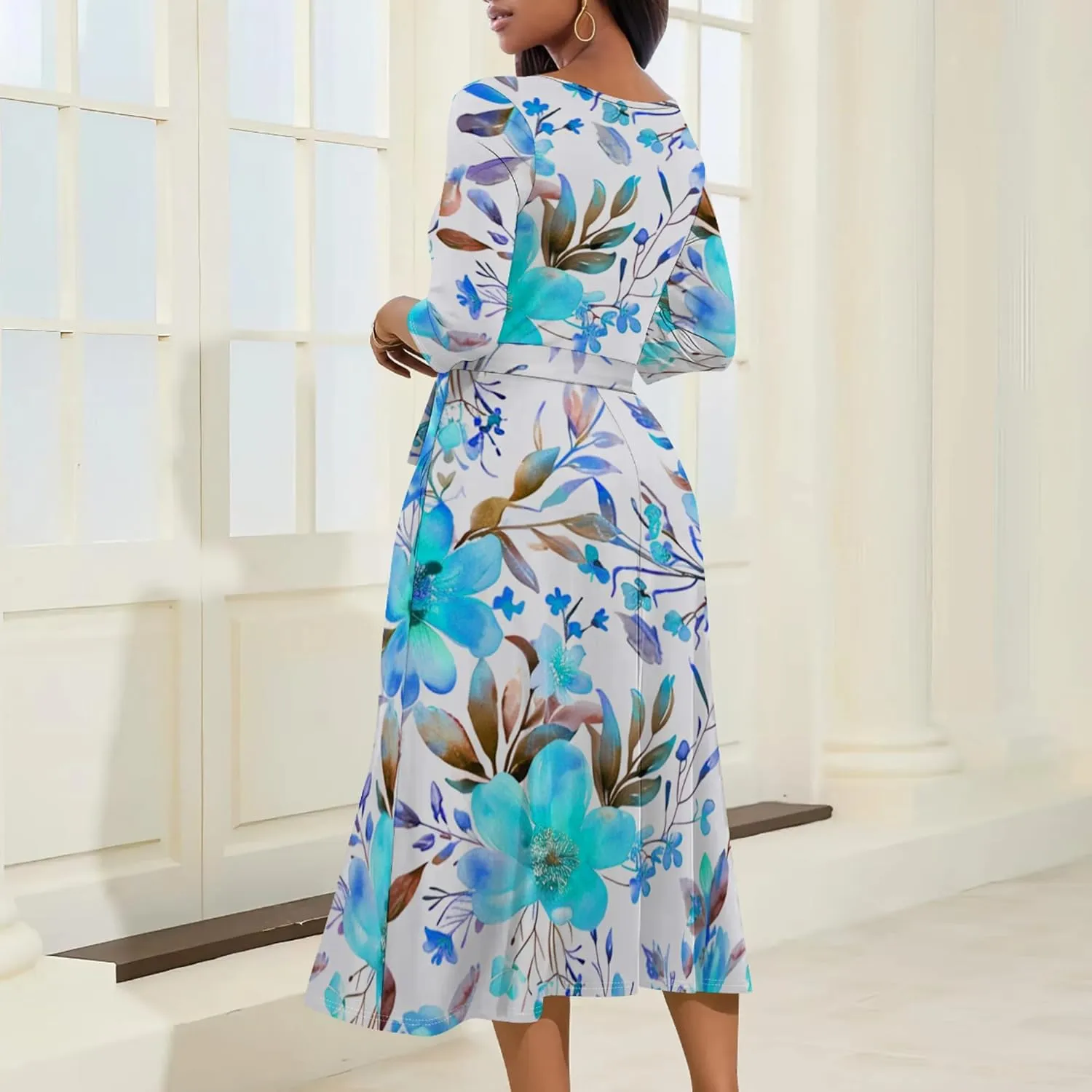 Women 2024 Autumn Casual Dresses 3/4 Sleeve Wrap Sundress Summer Club Party Floral Print Sexy Swing Midi Dress with Pockets