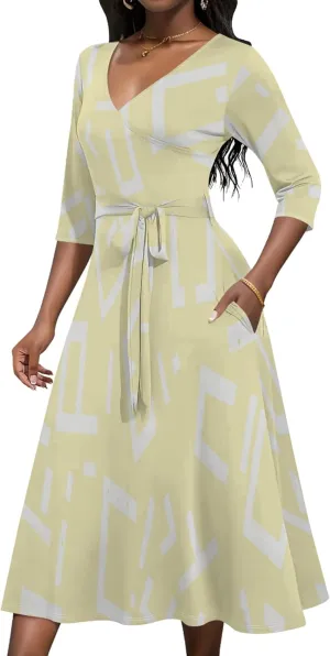 Women 2024 Autumn Casual Dresses 3/4 Sleeve Wrap Sundress Summer Club Party Floral Print Sexy Swing Midi Dress with Pockets