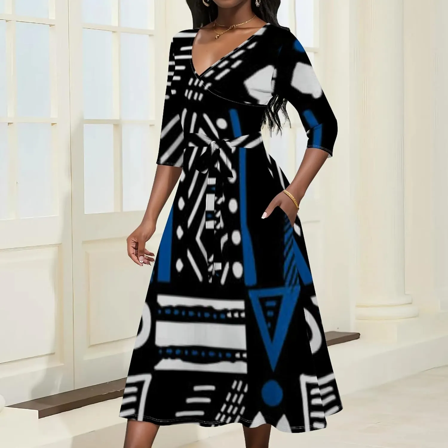Women 2024 Autumn Casual Dresses 3/4 Sleeve Wrap Sundress Summer Club Party Floral Print Sexy Swing Midi Dress with Pockets