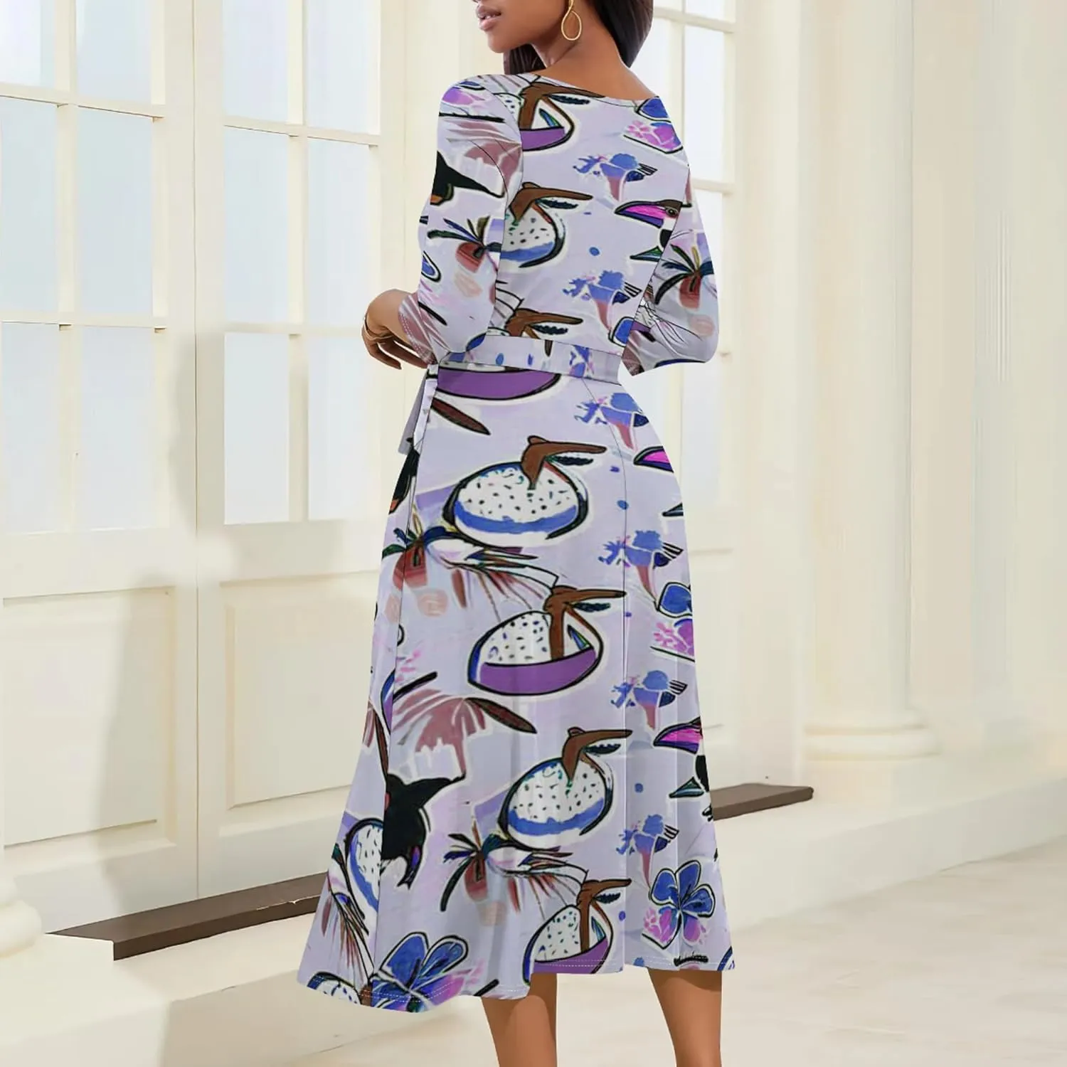 Women 2024 Autumn Casual Dresses 3/4 Sleeve Wrap Sundress Summer Club Party Floral Print Sexy Swing Midi Dress with Pockets
