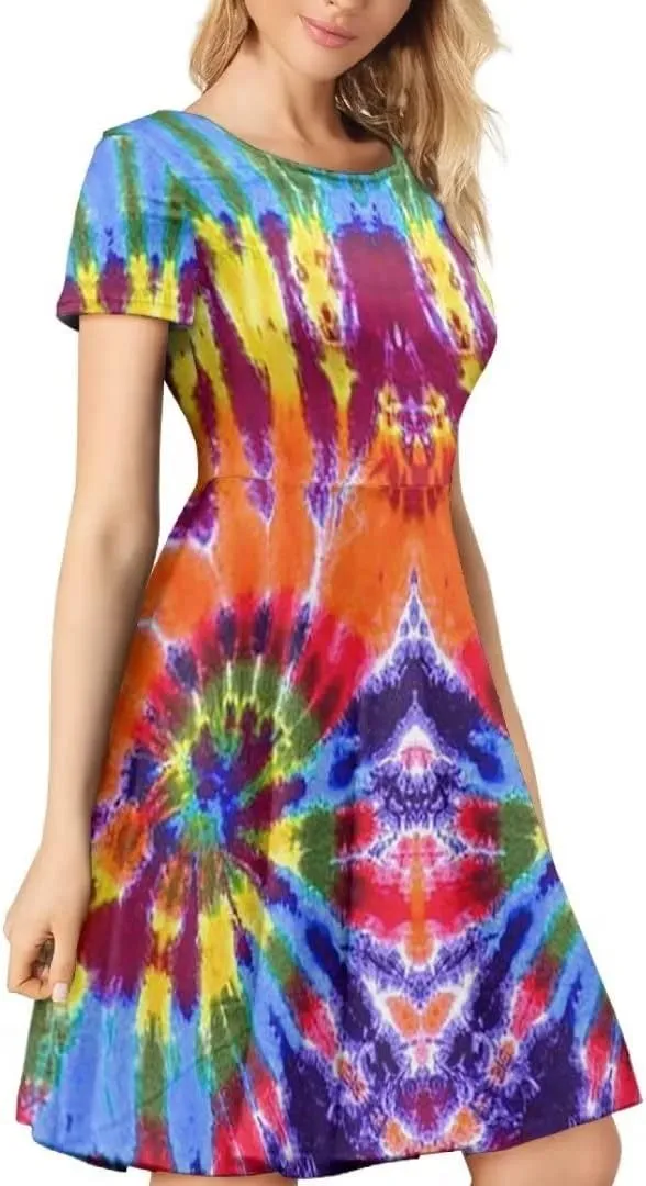 Women 2025 Fashion Dresses Short Sleeve Round Neck Party Birthday A-Line Dress Size S-4XL