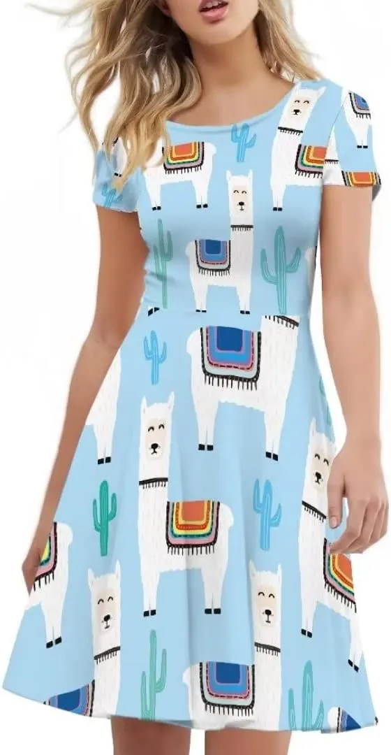 Women 2025 Fashion Dresses Short Sleeve Round Neck Party Birthday A-Line Dress Size S-4XL