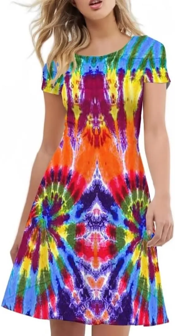 Women 2025 Fashion Dresses Short Sleeve Round Neck Party Birthday A-Line Dress Size S-4XL