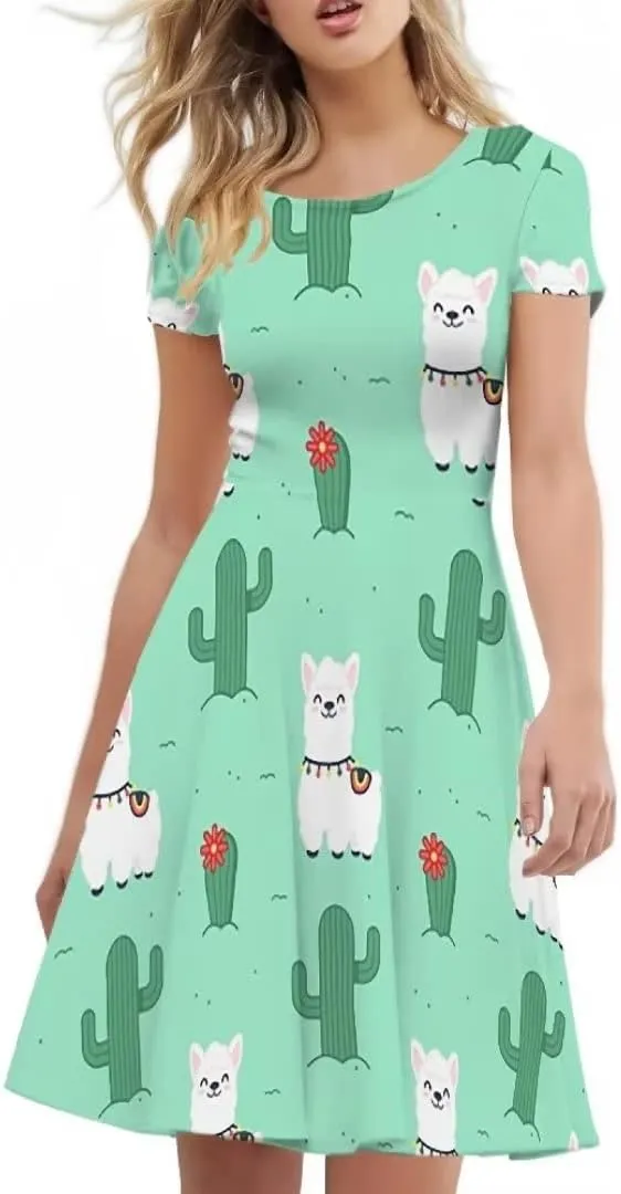 Women 2025 Fashion Dresses Short Sleeve Round Neck Party Birthday A-Line Dress Size S-4XL