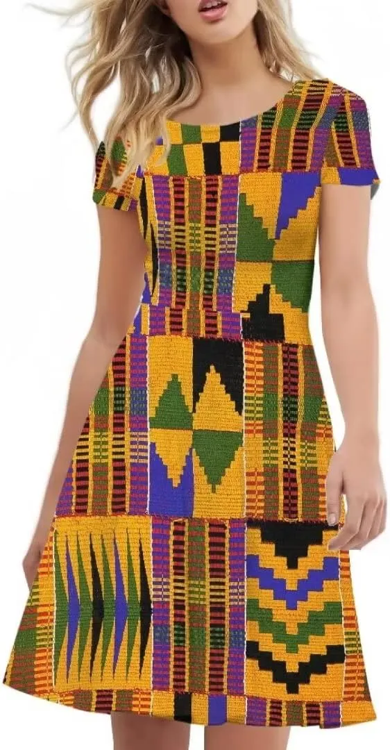 Women 2025 Fashion Dresses Short Sleeve Round Neck Party Birthday A-Line Dress Size S-4XL