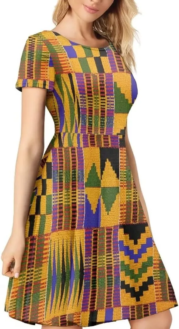 Women 2025 Fashion Dresses Short Sleeve Round Neck Party Birthday A-Line Dress Size S-4XL