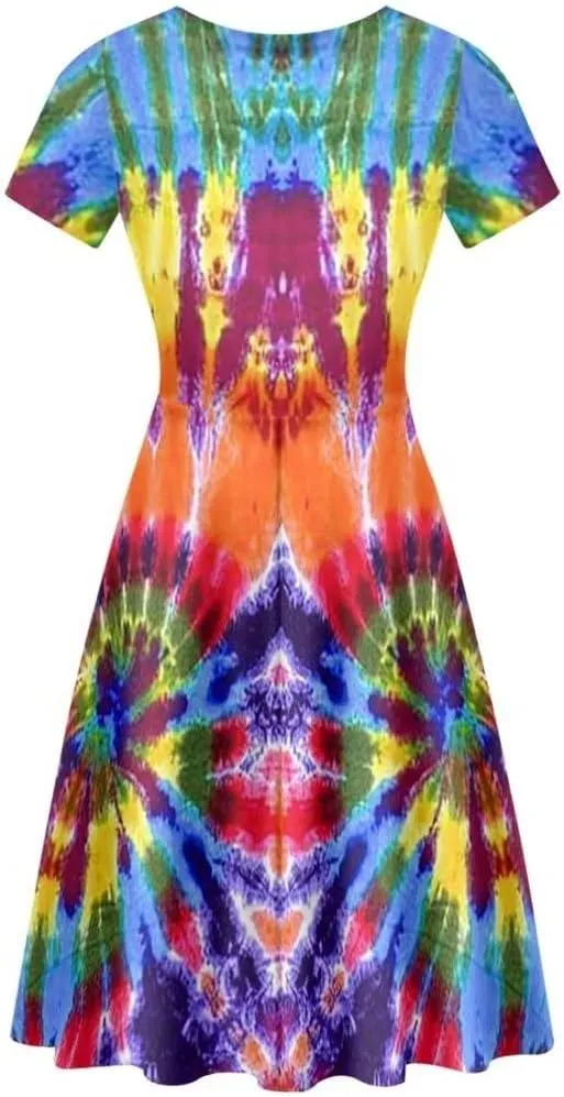 Women 2025 Fashion Dresses Short Sleeve Round Neck Party Birthday A-Line Dress Size S-4XL