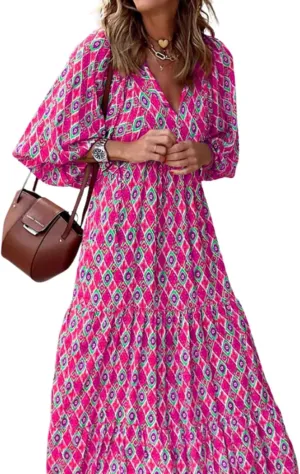 Women Boho Floral Print Maxi Dresses 2024 V Neck Long Puff Sleeve Ruffle Flowy Plus Size Long Dress for Curvy Women
