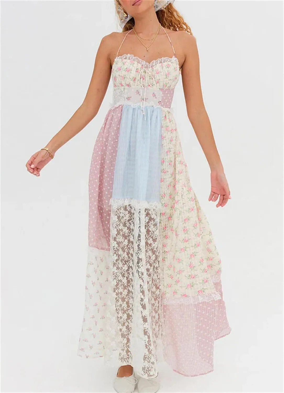 Women Boho Floral Smocked Maxi Dress Y2k Patchwork Lace Layered Long Beach Dress Casual Flowy Summer Sundress