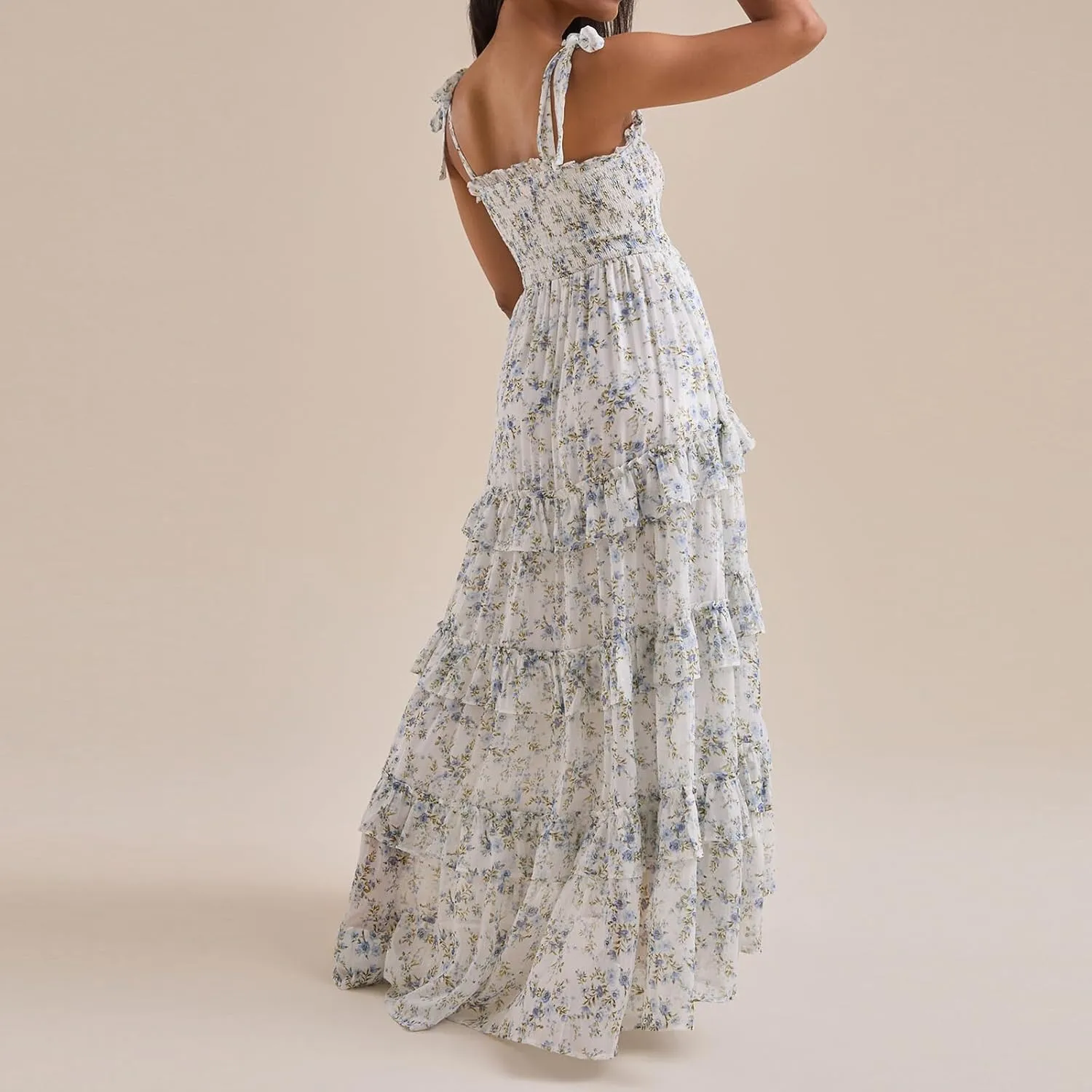 Women Boho Floral Smocked Maxi Dress Y2k Patchwork Lace Layered Long Beach Dress Casual Flowy Summer Sundress