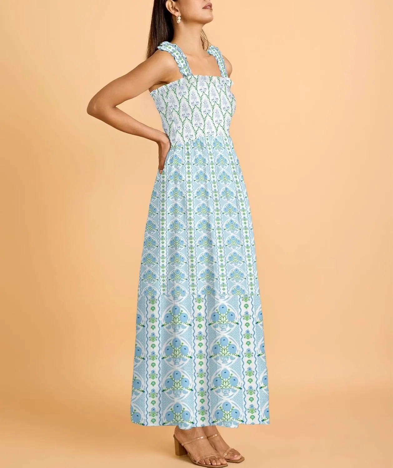 Women Boho Maxi Dresses Floral Spaghetti Straps Casual Smocked Beach Dress Square Neck A-line Flowy Sundress 2025 Summer