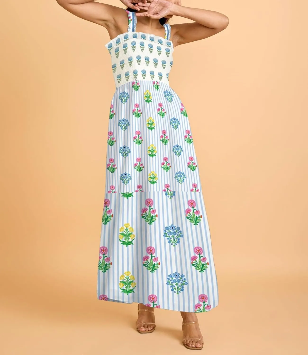 Women Boho Maxi Dresses Floral Spaghetti Straps Casual Smocked Beach Dress Square Neck A-line Flowy Sundress 2025 Summer