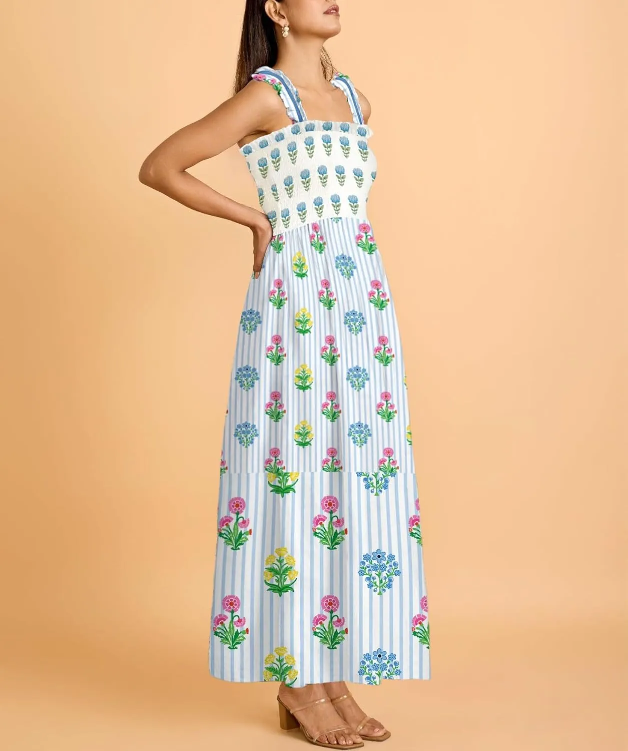 Women Boho Maxi Dresses Floral Spaghetti Straps Casual Smocked Beach Dress Square Neck A-line Flowy Sundress 2025 Summer