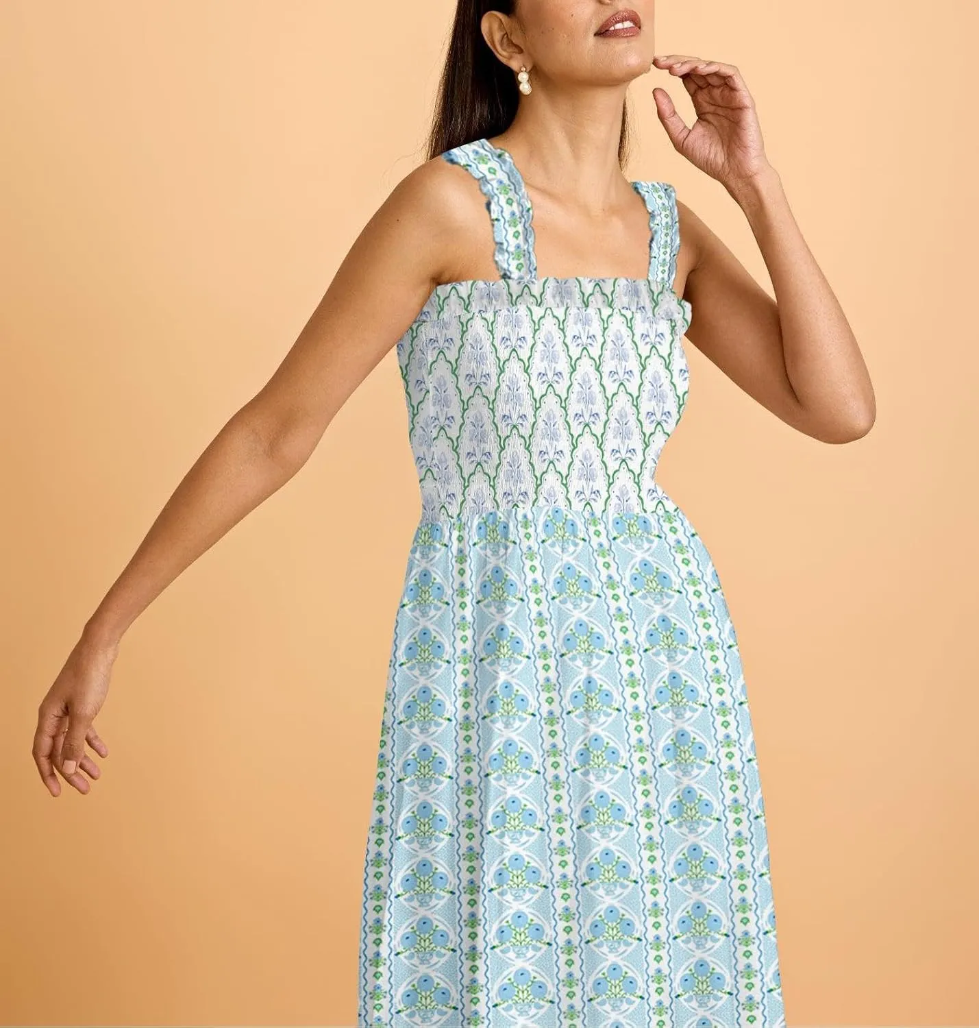 Women Boho Maxi Dresses Floral Spaghetti Straps Casual Smocked Beach Dress Square Neck A-line Flowy Sundress 2025 Summer
