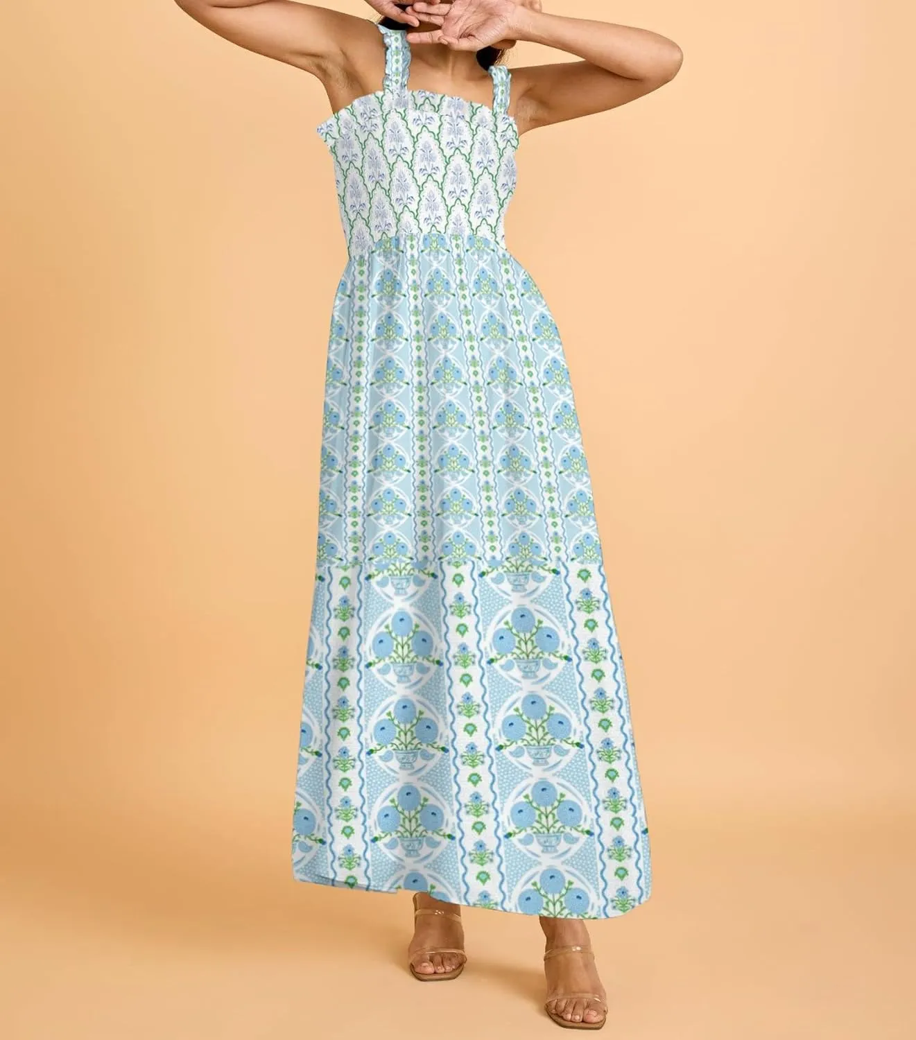 Women Boho Maxi Dresses Floral Spaghetti Straps Casual Smocked Beach Dress Square Neck A-line Flowy Sundress 2025 Summer