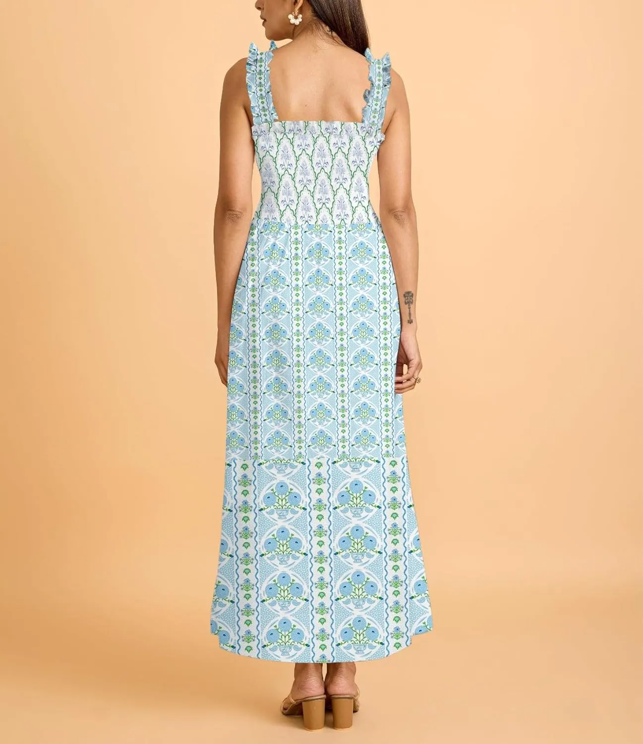 Women Boho Maxi Dresses Floral Spaghetti Straps Casual Smocked Beach Dress Square Neck A-line Flowy Sundress 2025 Summer