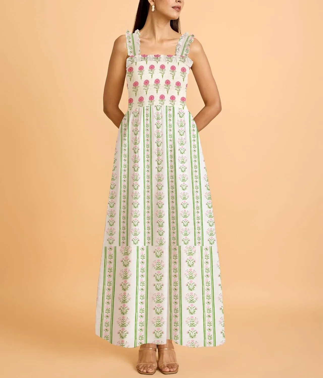 Women Boho Maxi Dresses Floral Spaghetti Straps Casual Smocked Beach Dress Square Neck A-line Flowy Sundress 2025 Summer
