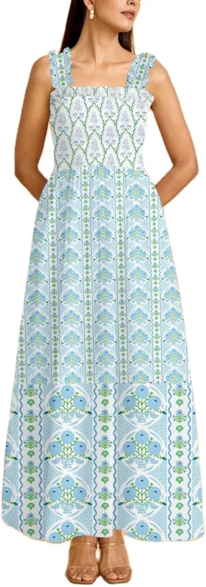 Women Boho Maxi Dresses Floral Spaghetti Straps Casual Smocked Beach Dress Square Neck A-line Flowy Sundress 2025 Summer