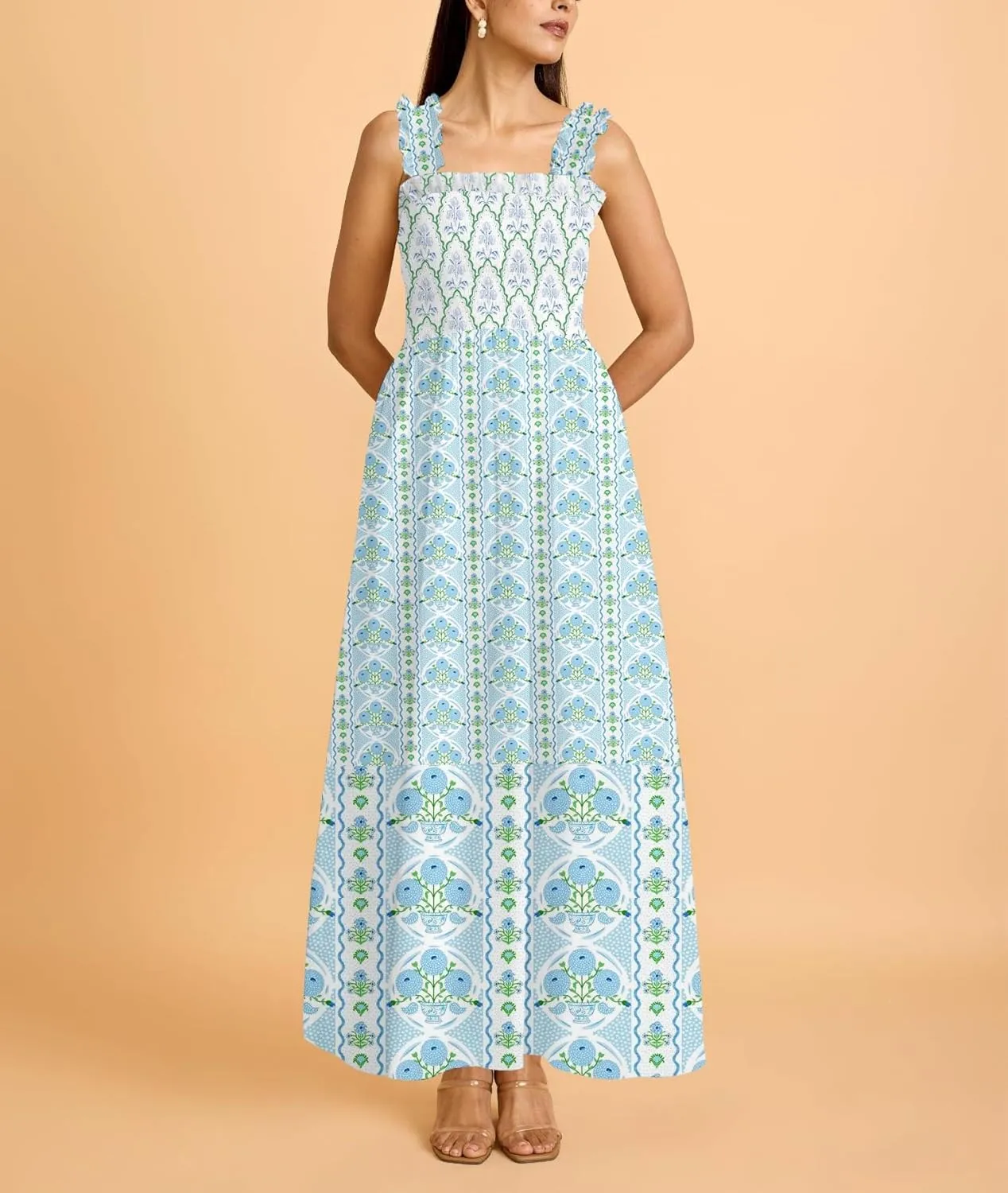 Women Boho Maxi Dresses Floral Spaghetti Straps Casual Smocked Beach Dress Square Neck A-line Flowy Sundress 2025 Summer