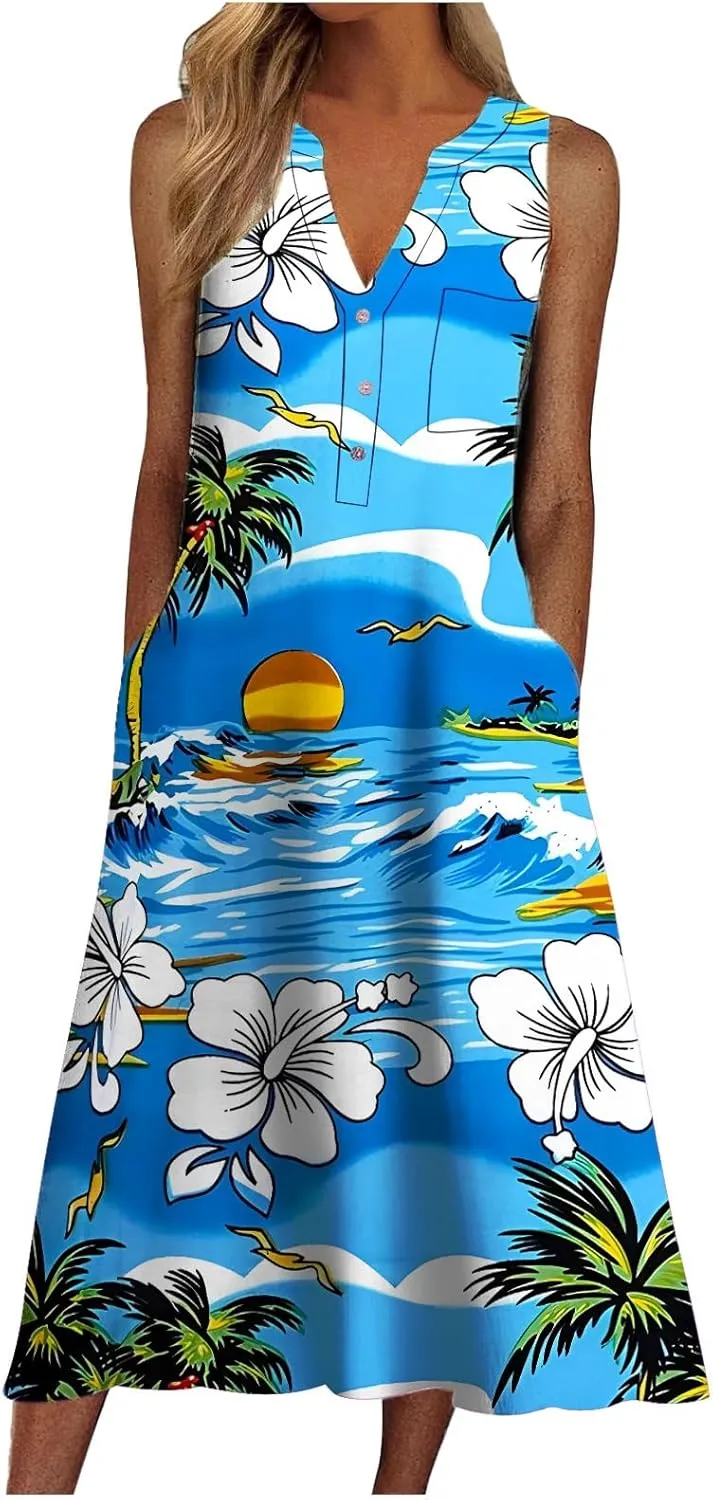 Women Casual Loose Long Dress Sleeveless Split Maxi Dresses Summer Beach Dress with Pockets Elastic Waist