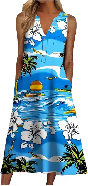 Women Casual Loose Long Dress Sleeveless Split Maxi Dresses Summer Beach Dress with Pockets Elastic Waist