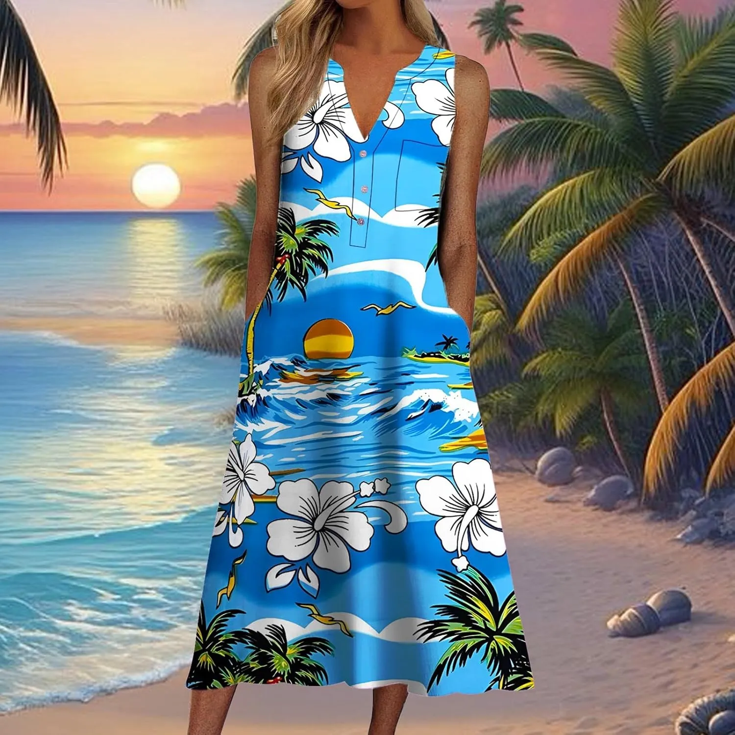 Women Casual Loose Long Dress Sleeveless Split Maxi Dresses Summer Beach Dress with Pockets Elastic Waist