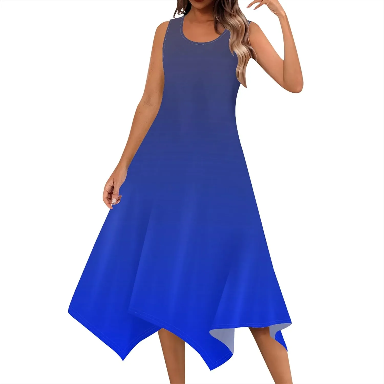 Women Casual Solid Color Summer Midi Dress Sleeveless Pleated T Shirt Sundress Hankerchief Hem Swing Tank Boho Beach Dresses