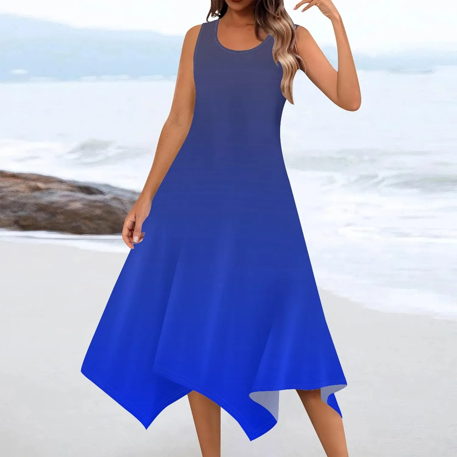 Women Casual Solid Color Summer Midi Dress Sleeveless Pleated T Shirt Sundress Hankerchief Hem Swing Tank Boho Beach Dresses