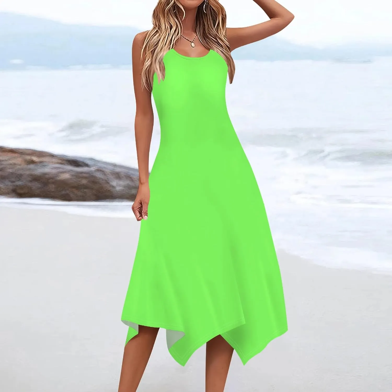 Women Casual Solid Color Summer Midi Dress Sleeveless Pleated T Shirt Sundress Hankerchief Hem Swing Tank Boho Beach Dresses
