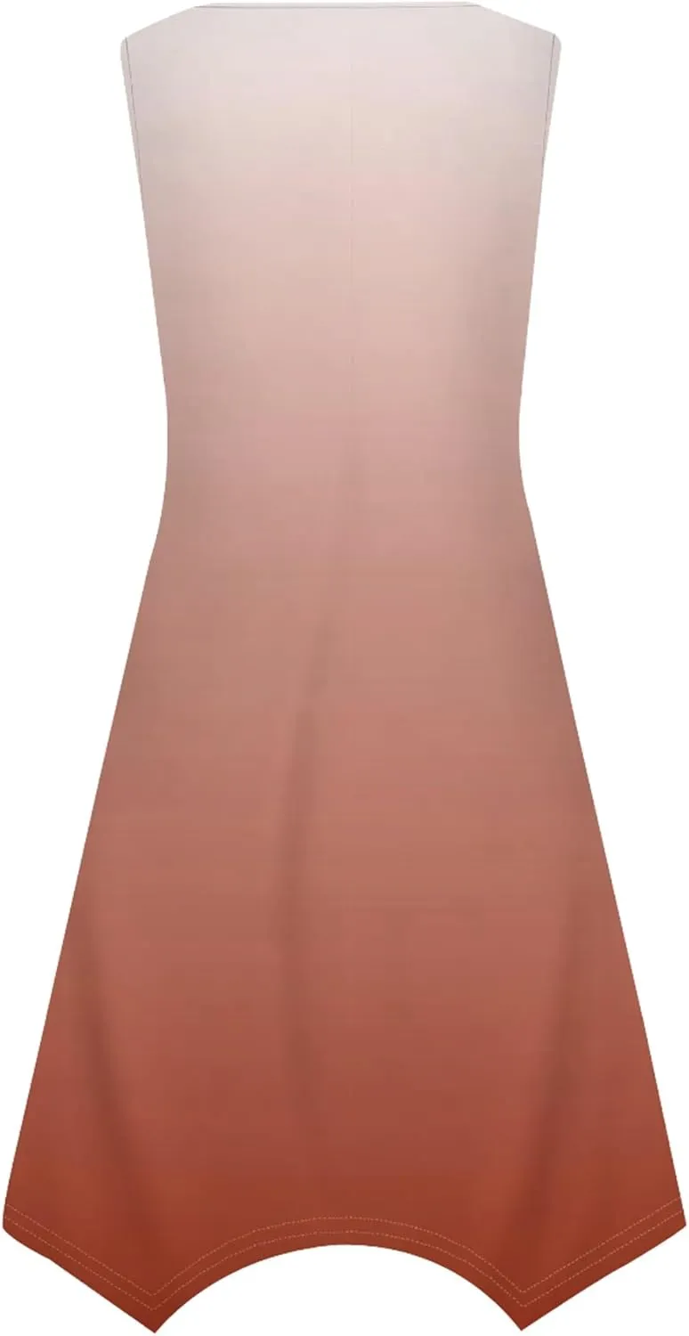 Women Casual Solid Color Summer Midi Dress Sleeveless Pleated T Shirt Sundress Hankerchief Hem Swing Tank Boho Beach Dresses