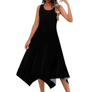 Women Casual Solid Color Summer Midi Dress Sleeveless Pleated T Shirt Sundress Hankerchief Hem Swing Tank Boho Beach Dresses