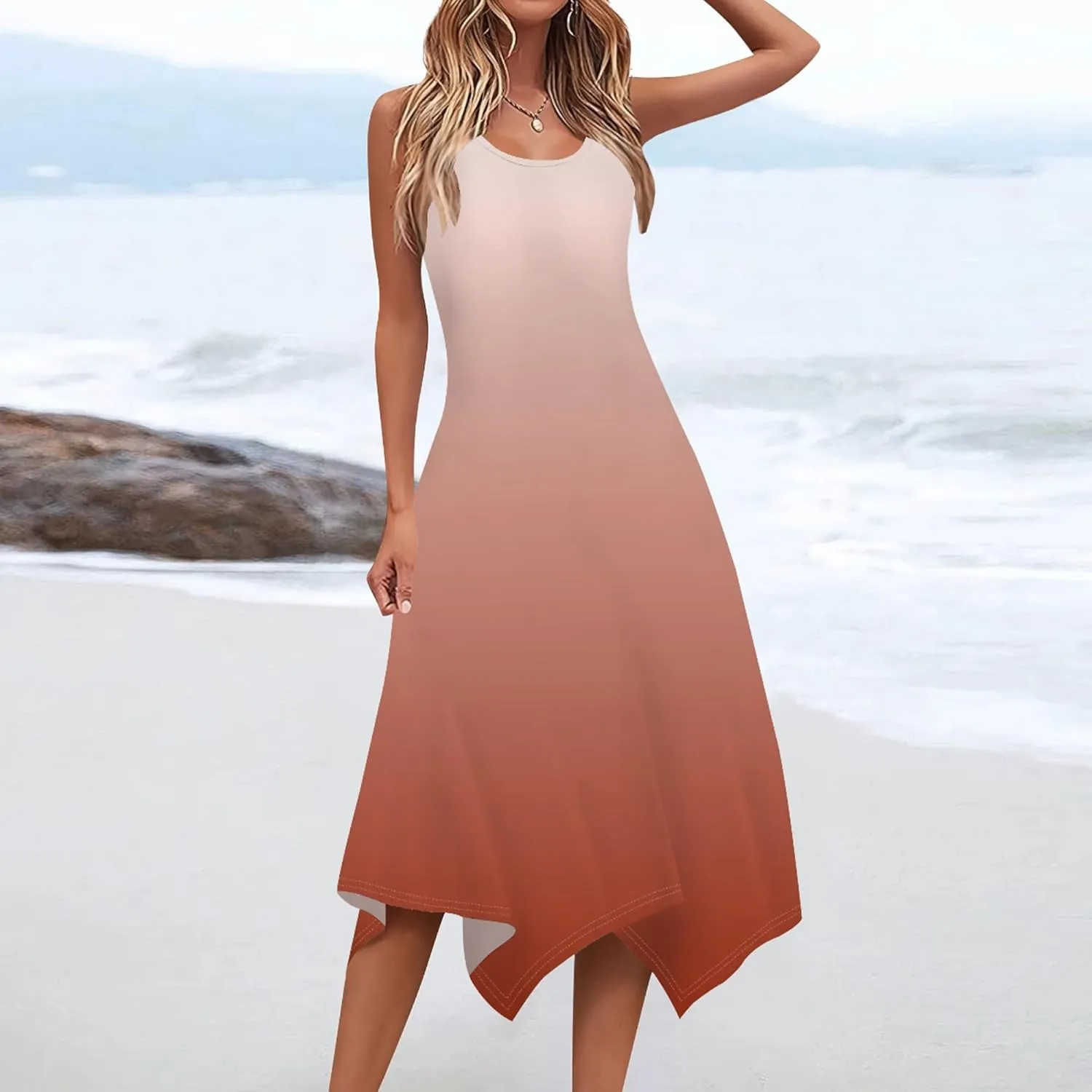 Women Casual Solid Color Summer Midi Dress Sleeveless Pleated T Shirt Sundress Hankerchief Hem Swing Tank Boho Beach Dresses