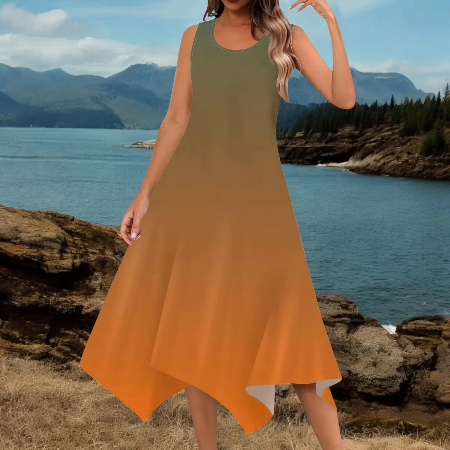 Women Casual Solid Color Summer Midi Dress Sleeveless Pleated T Shirt Sundress Hankerchief Hem Swing Tank Boho Beach Dresses