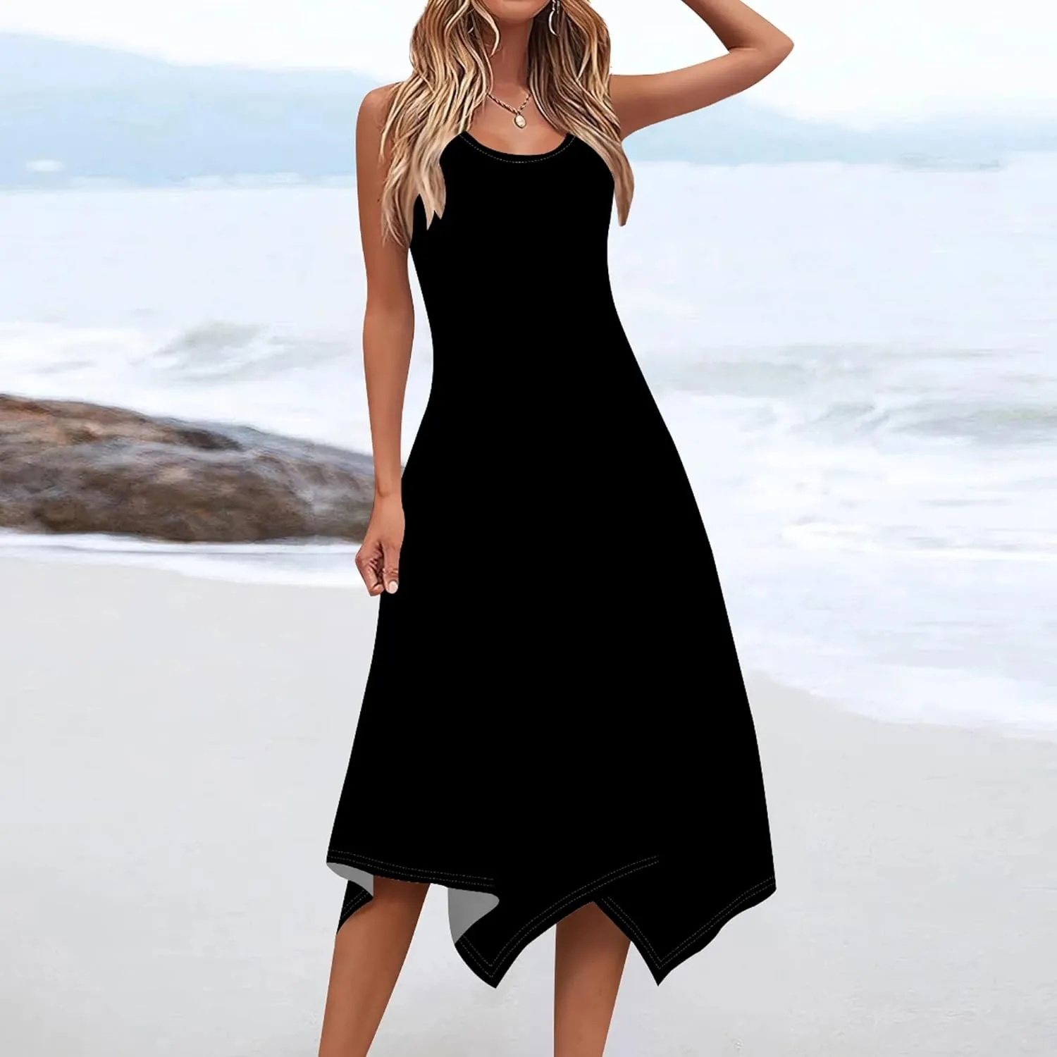 Women Casual Solid Color Summer Midi Dress Sleeveless Pleated T Shirt Sundress Hankerchief Hem Swing Tank Boho Beach Dresses