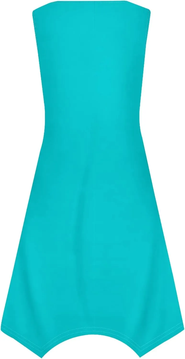 Women Casual Solid Color Summer Midi Dress Sleeveless Pleated T Shirt Sundress Hankerchief Hem Swing Tank Boho Beach Dresses
