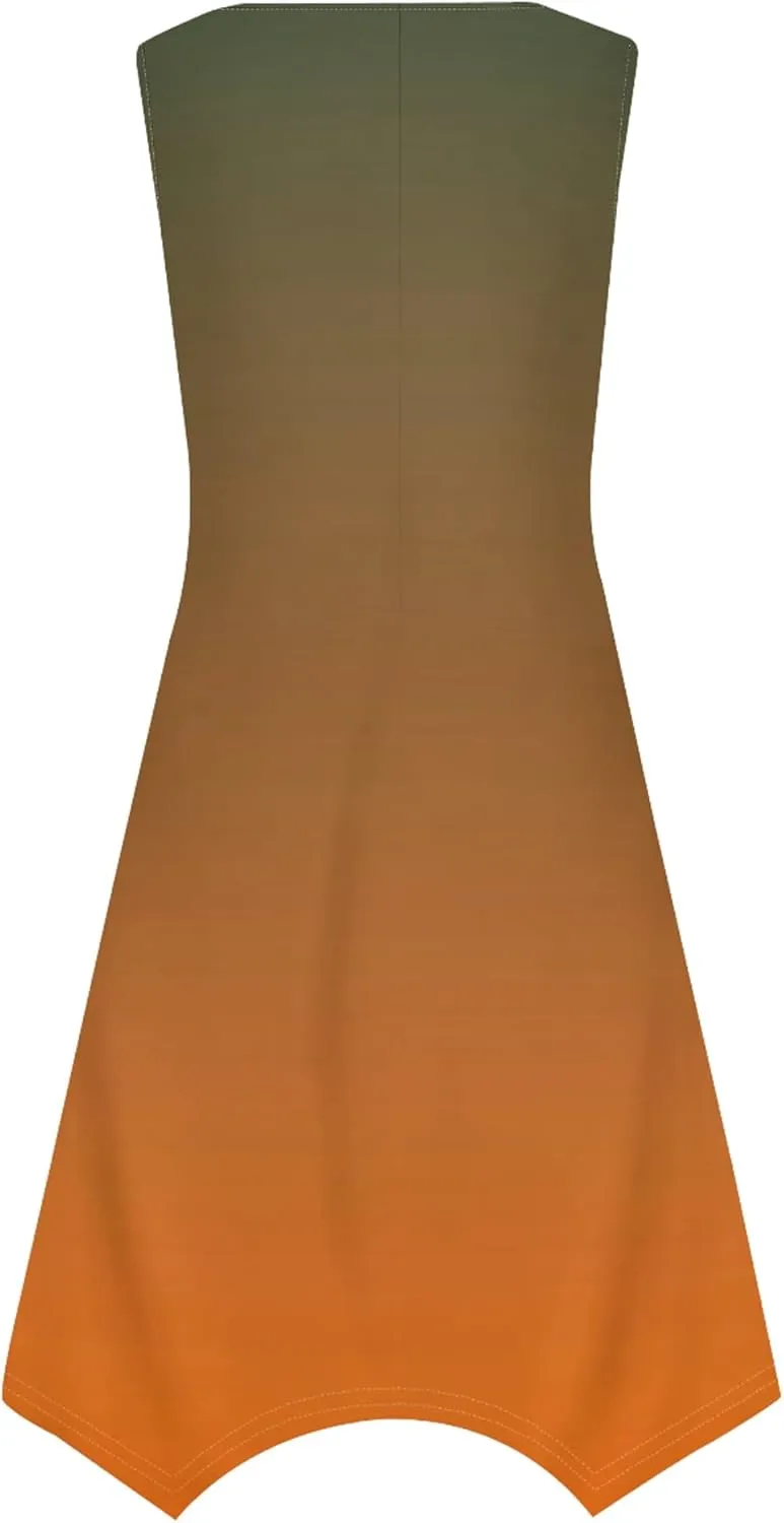Women Casual Solid Color Summer Midi Dress Sleeveless Pleated T Shirt Sundress Hankerchief Hem Swing Tank Boho Beach Dresses