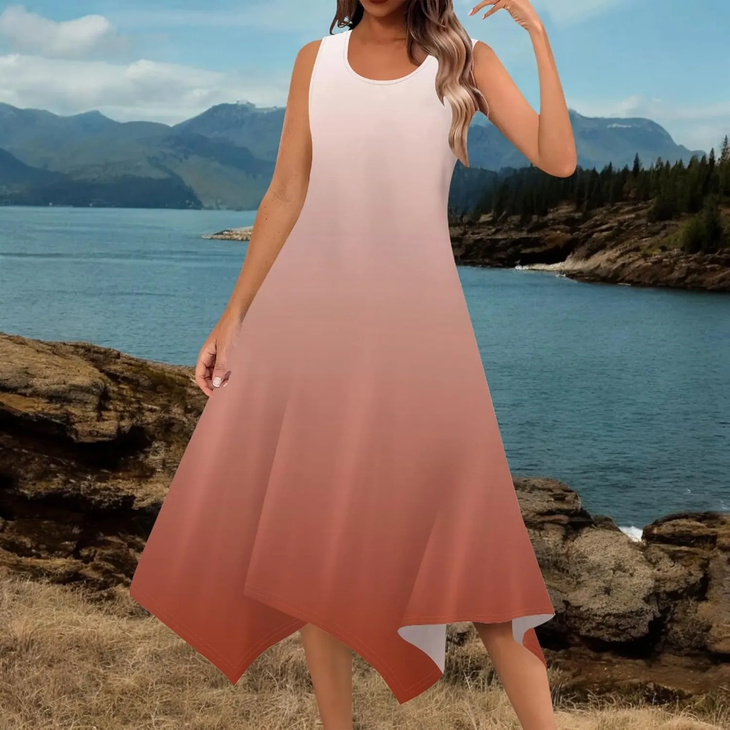 Women Casual Solid Color Summer Midi Dress Sleeveless Pleated T Shirt Sundress Hankerchief Hem Swing Tank Boho Beach Dresses