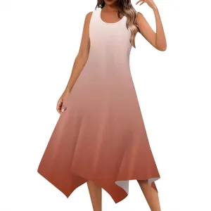Women Casual Solid Color Summer Midi Dress Sleeveless Pleated T Shirt Sundress Hankerchief Hem Swing Tank Boho Beach Dresses