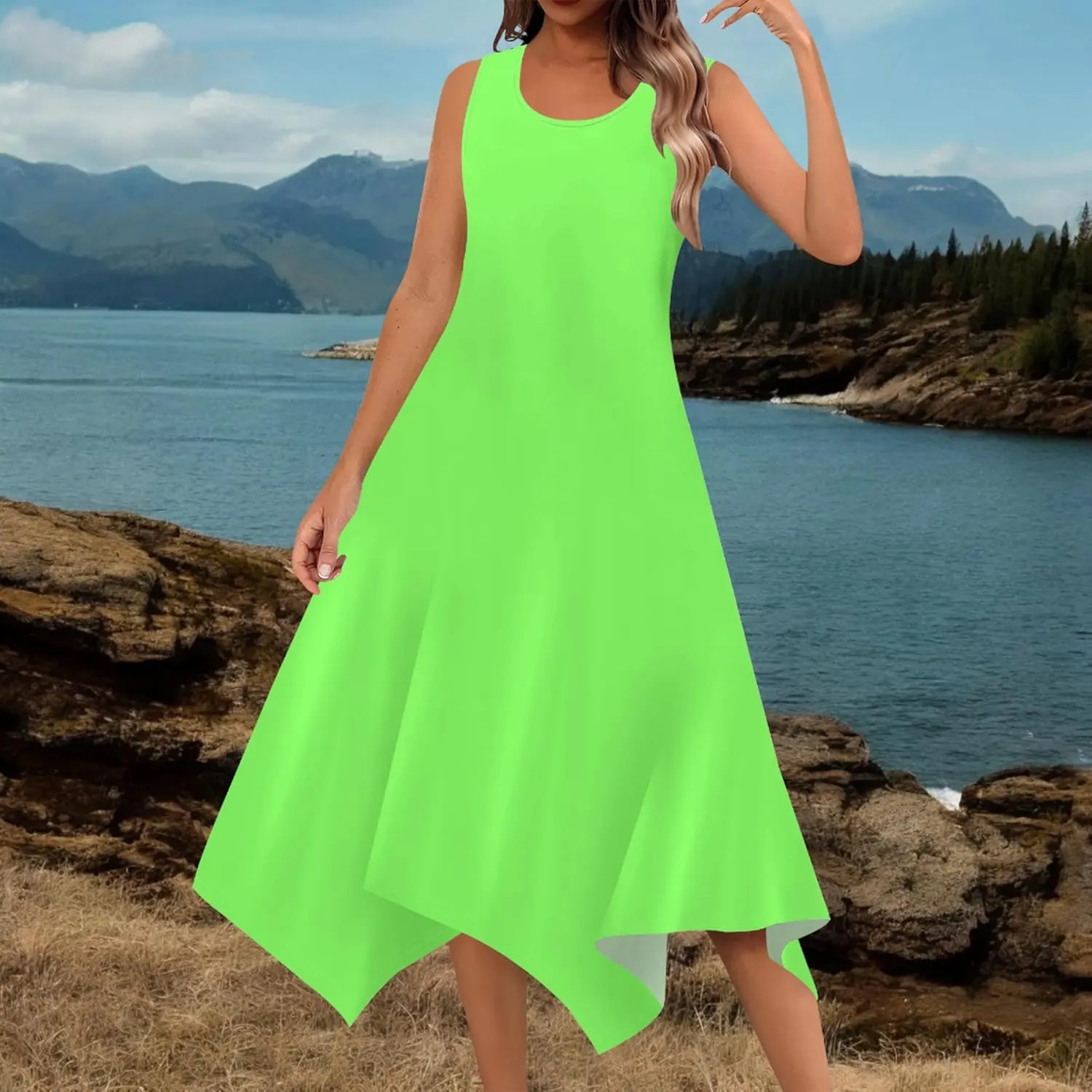 Women Casual Solid Color Summer Midi Dress Sleeveless Pleated T Shirt Sundress Hankerchief Hem Swing Tank Boho Beach Dresses