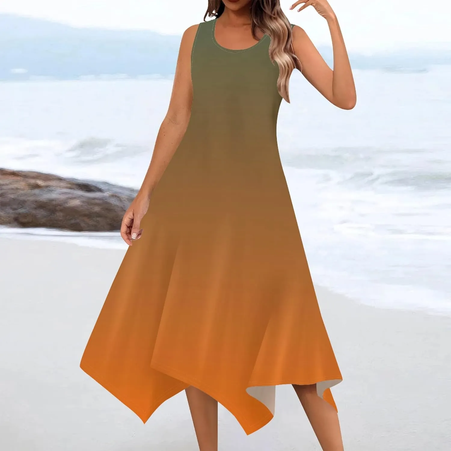 Women Casual Solid Color Summer Midi Dress Sleeveless Pleated T Shirt Sundress Hankerchief Hem Swing Tank Boho Beach Dresses