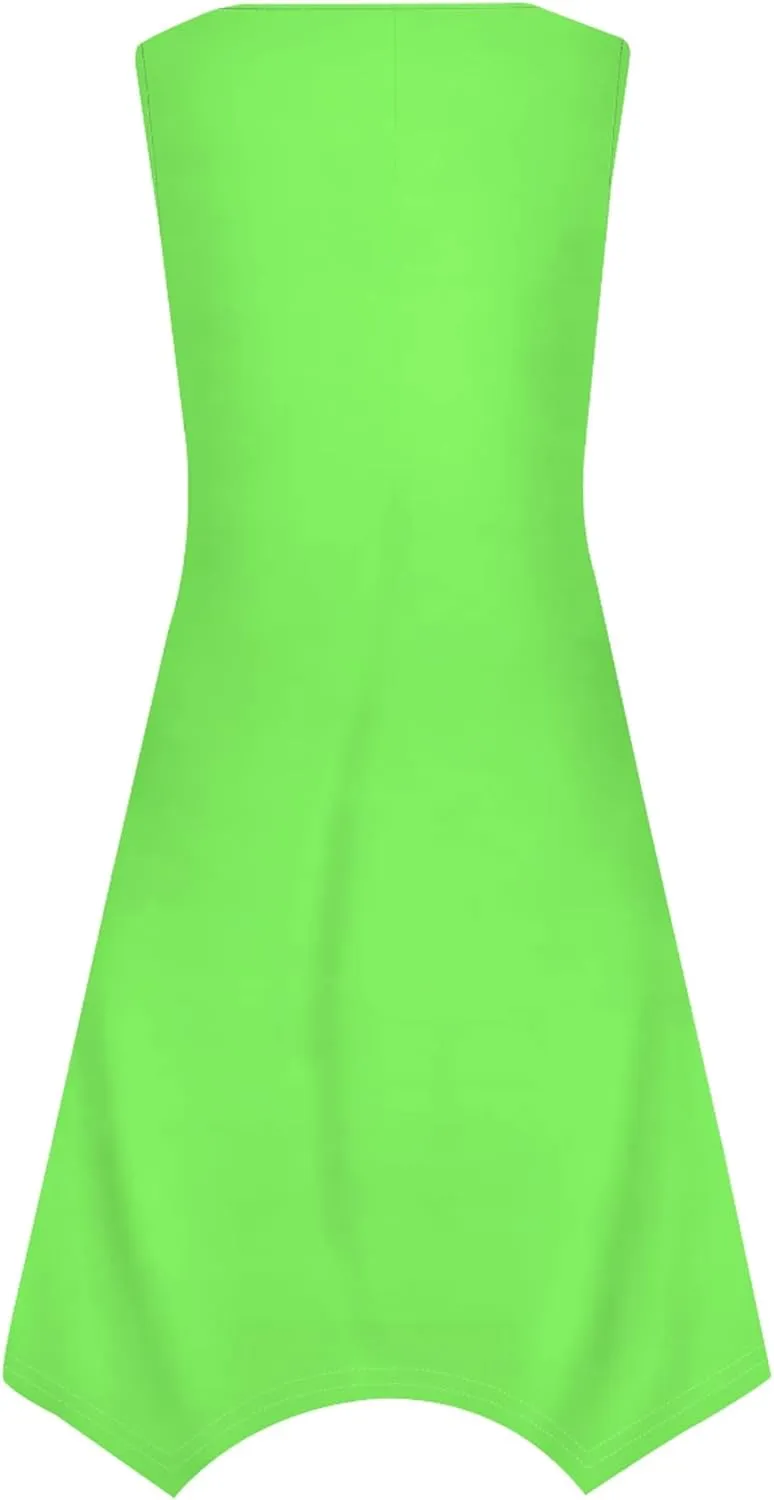 Women Casual Solid Color Summer Midi Dress Sleeveless Pleated T Shirt Sundress Hankerchief Hem Swing Tank Boho Beach Dresses