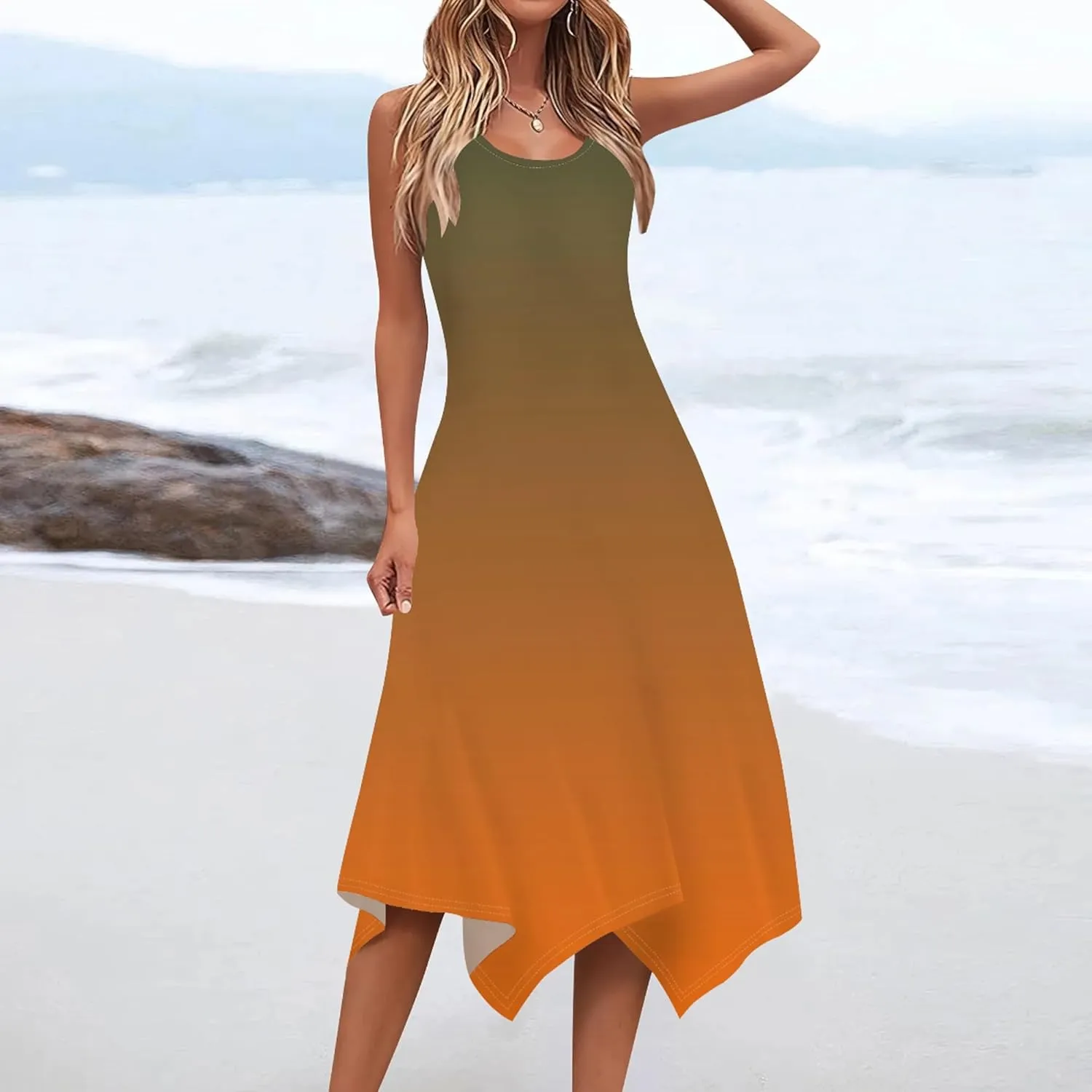 Women Casual Solid Color Summer Midi Dress Sleeveless Pleated T Shirt Sundress Hankerchief Hem Swing Tank Boho Beach Dresses