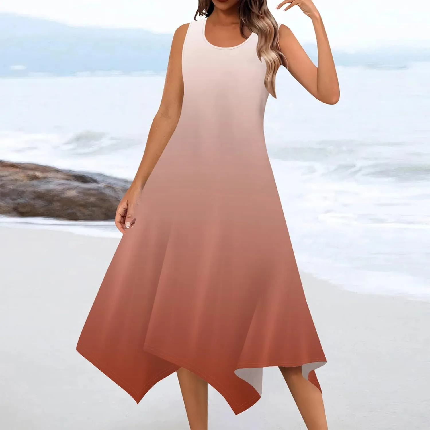 Women Casual Solid Color Summer Midi Dress Sleeveless Pleated T Shirt Sundress Hankerchief Hem Swing Tank Boho Beach Dresses