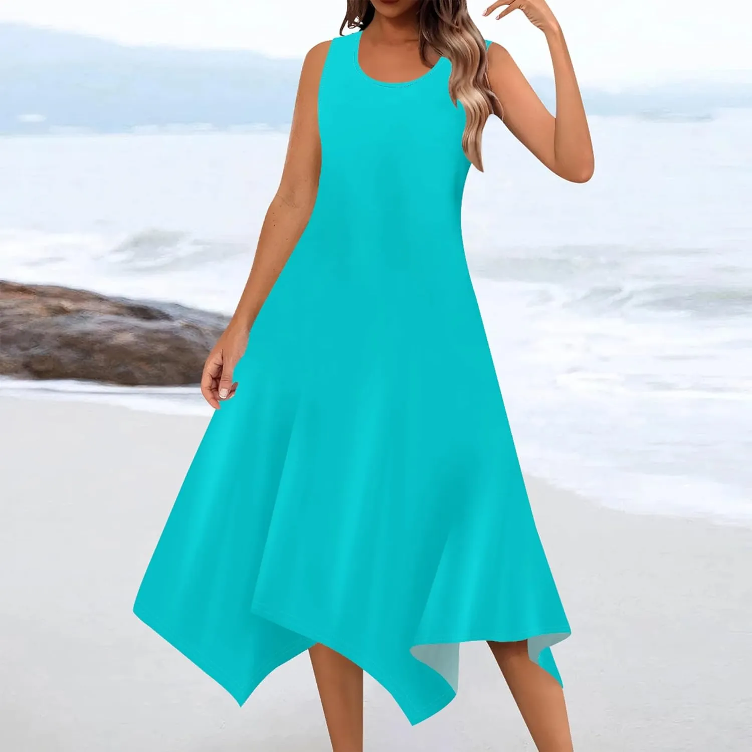 Women Casual Solid Color Summer Midi Dress Sleeveless Pleated T Shirt Sundress Hankerchief Hem Swing Tank Boho Beach Dresses