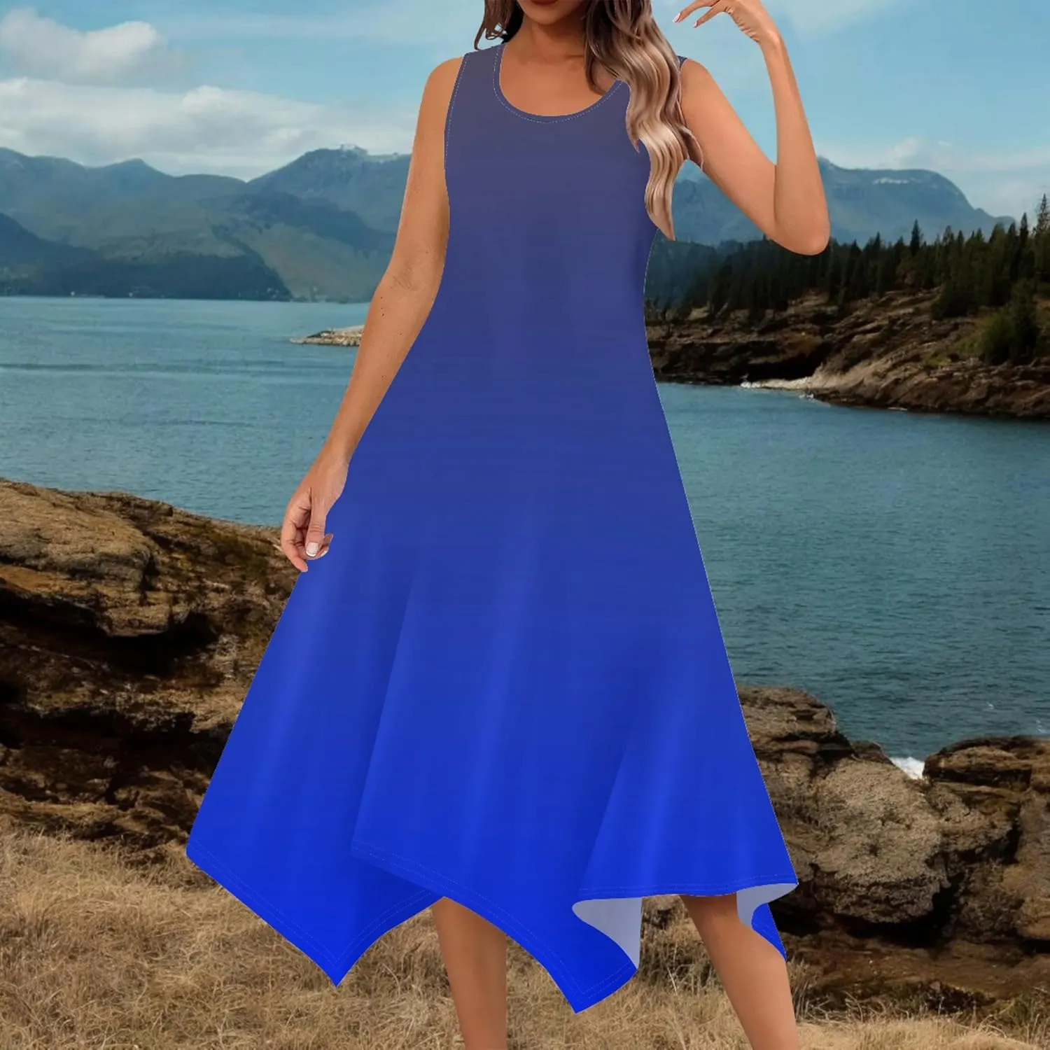 Women Casual Solid Color Summer Midi Dress Sleeveless Pleated T Shirt Sundress Hankerchief Hem Swing Tank Boho Beach Dresses