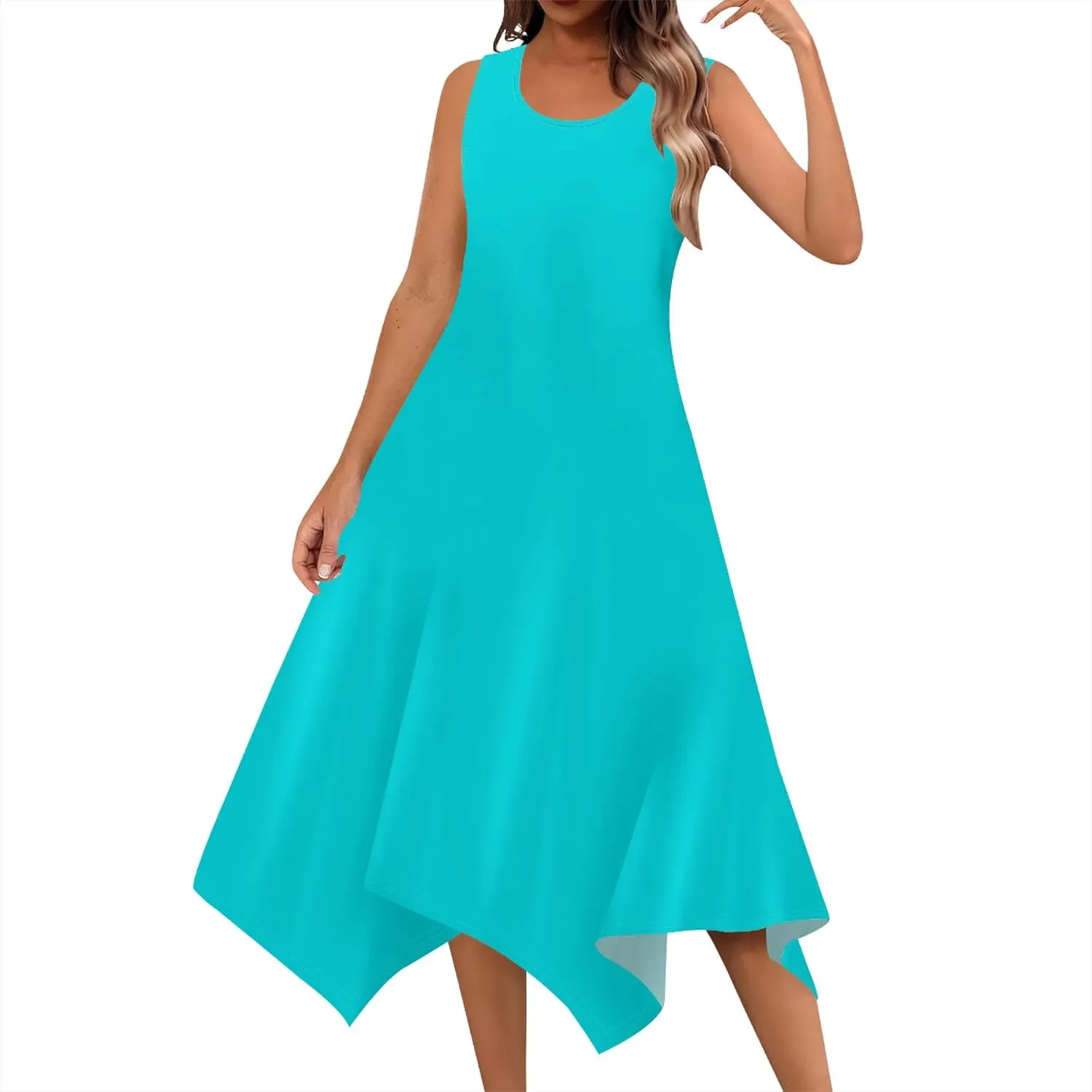 Women Casual Solid Color Summer Midi Dress Sleeveless Pleated T Shirt Sundress Hankerchief Hem Swing Tank Boho Beach Dresses