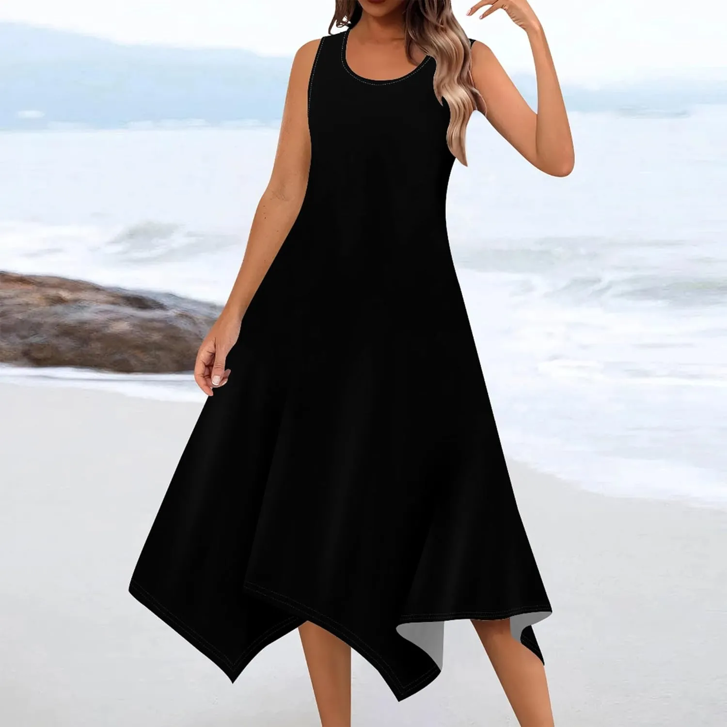 Women Casual Solid Color Summer Midi Dress Sleeveless Pleated T Shirt Sundress Hankerchief Hem Swing Tank Boho Beach Dresses
