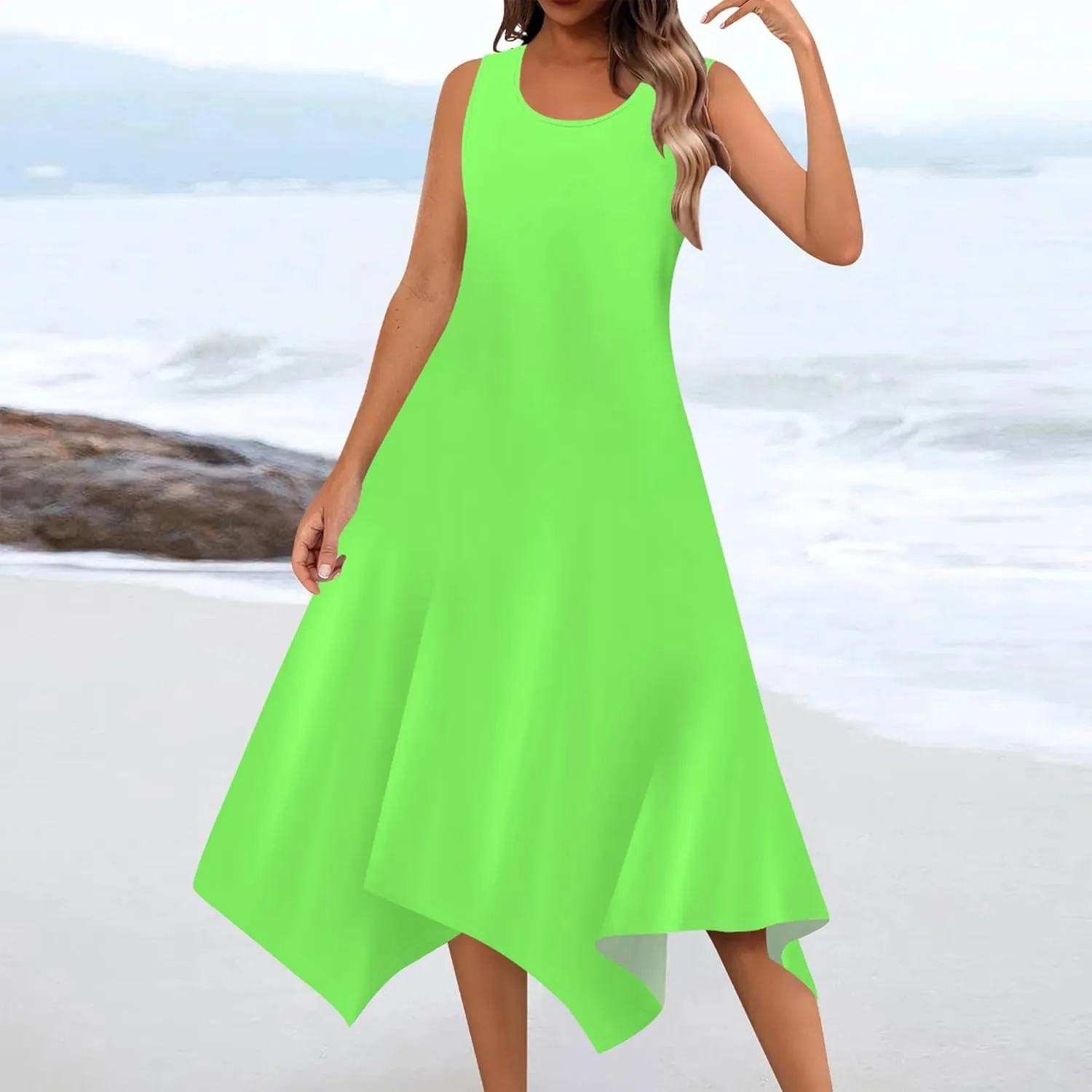 Women Casual Solid Color Summer Midi Dress Sleeveless Pleated T Shirt Sundress Hankerchief Hem Swing Tank Boho Beach Dresses