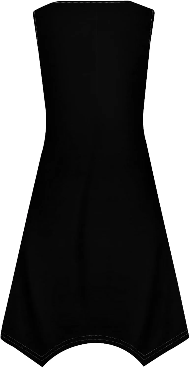 Women Casual Solid Color Summer Midi Dress Sleeveless Pleated T Shirt Sundress Hankerchief Hem Swing Tank Boho Beach Dresses